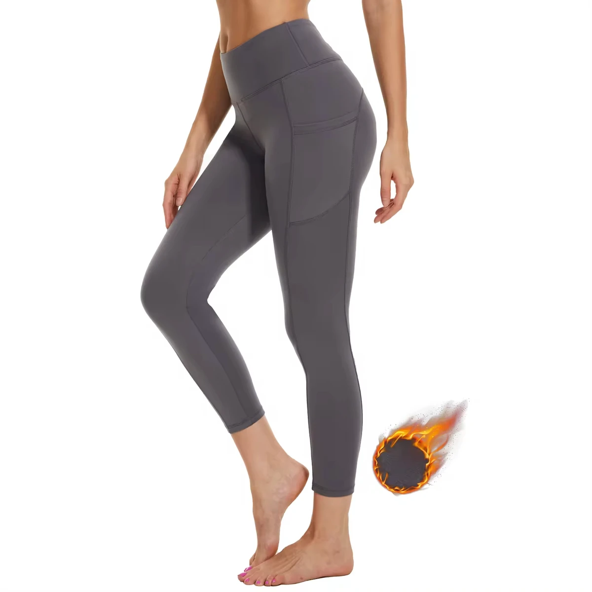 Wholesale Women Warm Pants for Winter Skinny Custom Logo Seamed Leggings With Pockets Solid High Waisted Fleece Tight Elastic