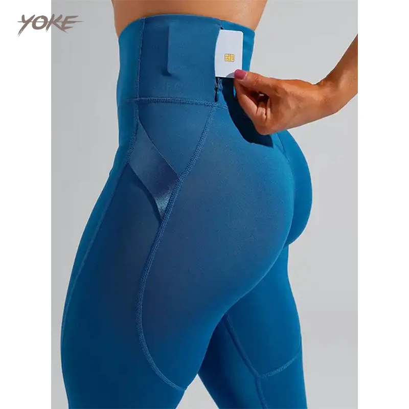 Hot Sale High Waist Yoga Pants Elastic Side Loop Card Pocket Adults Polyester Spandex Leggings Featuring Butt Lift Solid Pattern