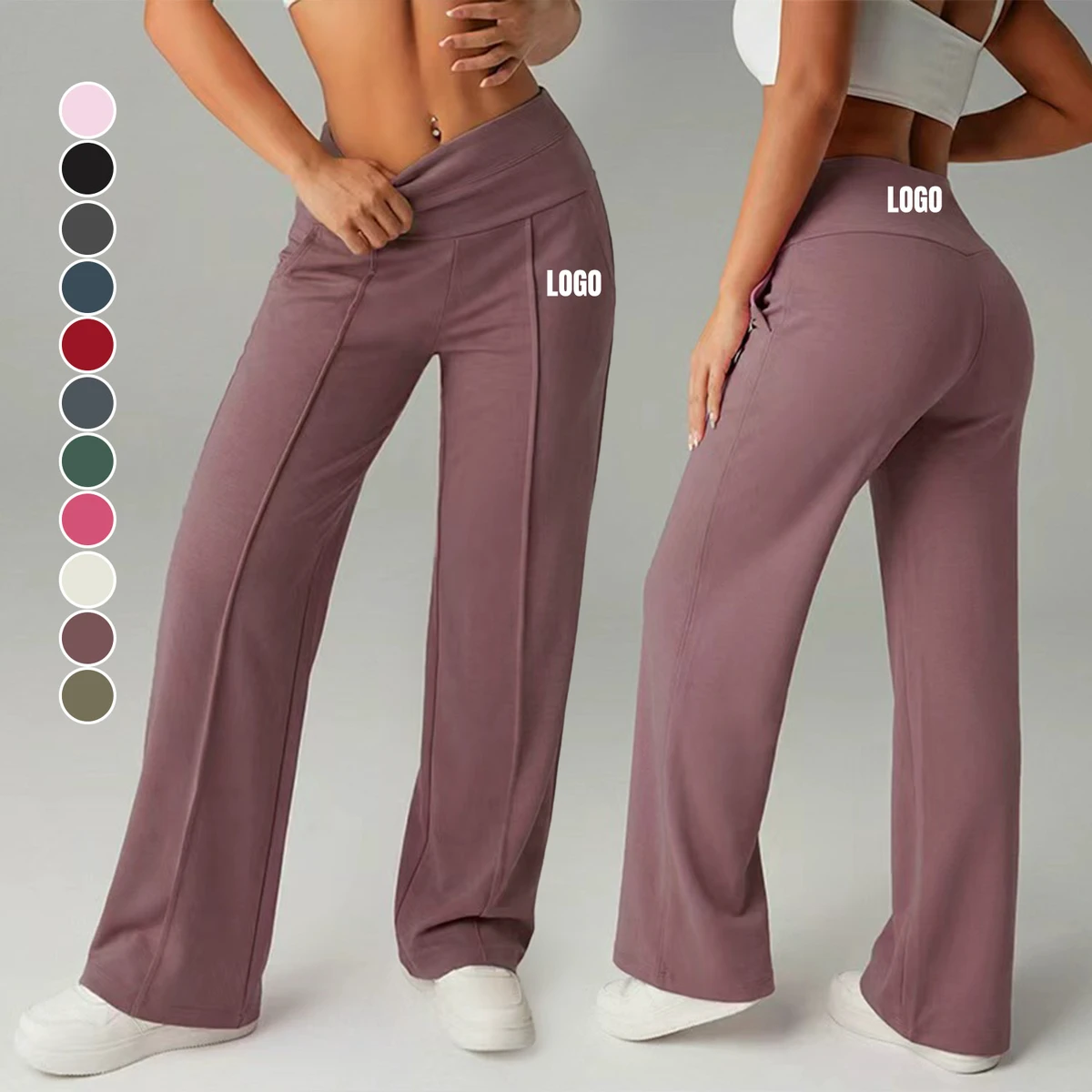 Custom Logo Women's Loose Comfort Casual Wide Leg Sports Pants Running Workout Solid Color High Waist Yoga Pants with Pocket