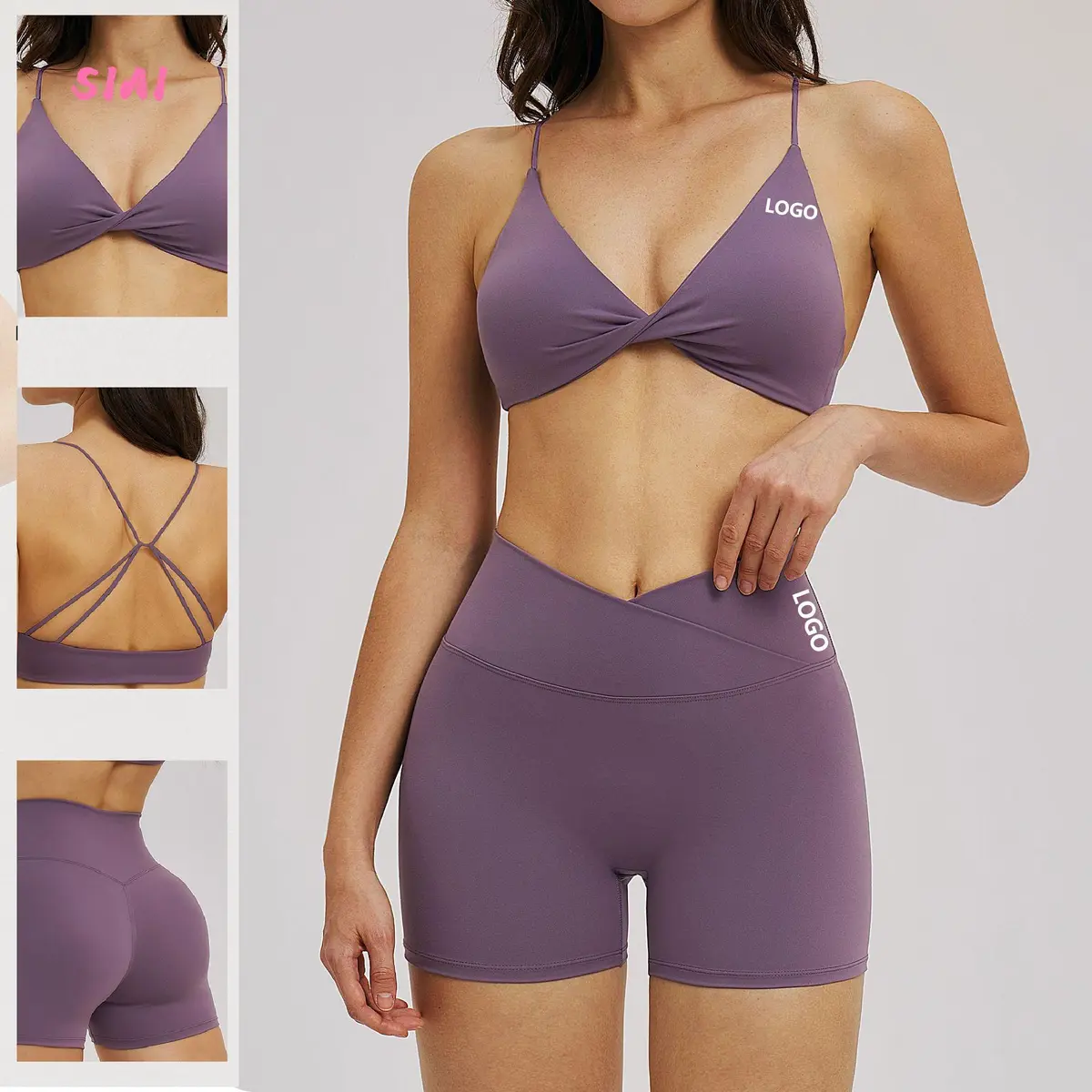 Wholesale Summer Plus Size Women's Custom Gym Clothes Quick Dry Sports Outfit Set 2PCS Backless Sports Bra Biker Shorts