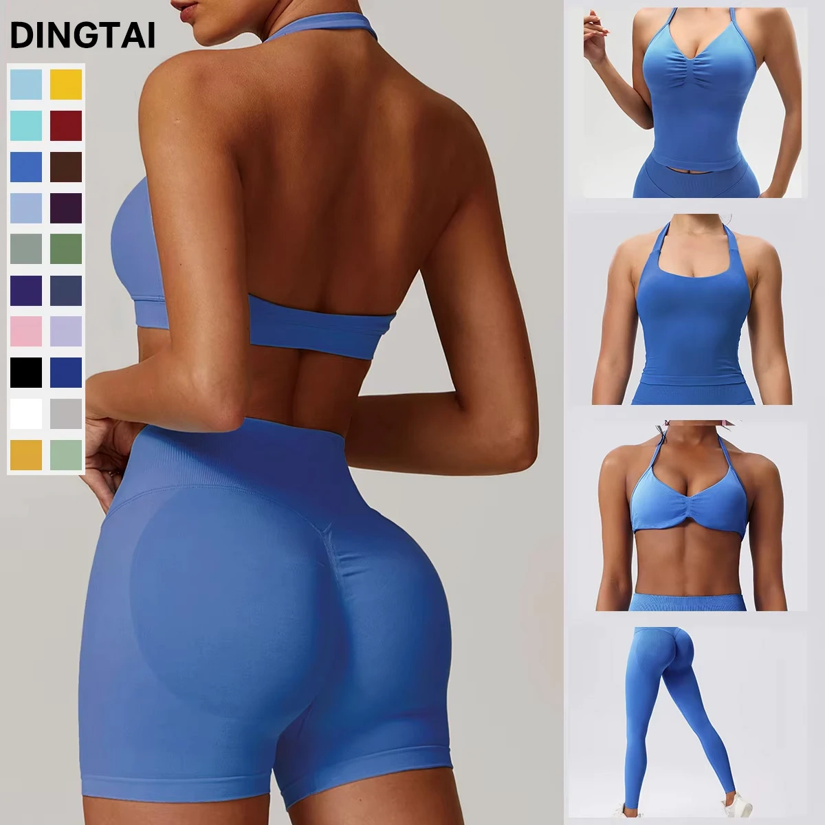 New Guangzhou Dingtai Women Gym Sport Wear Fitness Workout Seamless Yoga Neck Bras Scrunch Butt Lift Leggings Yoga Shorts