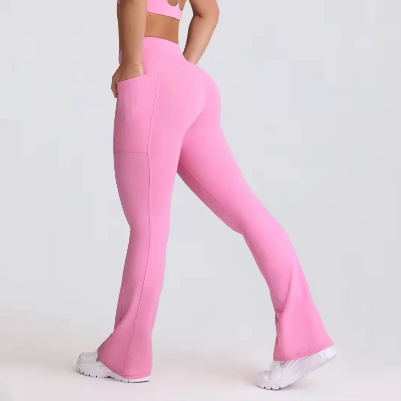 Bulk Women's High Waist Stretchy Soft Quick Dry Yoga Flare Pants With Pockets Spandex Nylon Solid Fitness Yoga Leggings