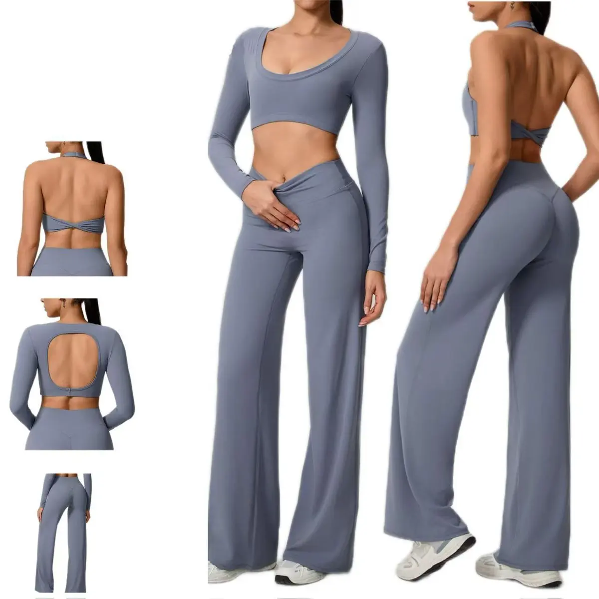 Ropa Deportiva Mujer Women's Sportswear Bra Long Sleeve Croptop Straight Leg Pants Tracksuit 3 Pieces Set Athletic Gym Yoga Wear