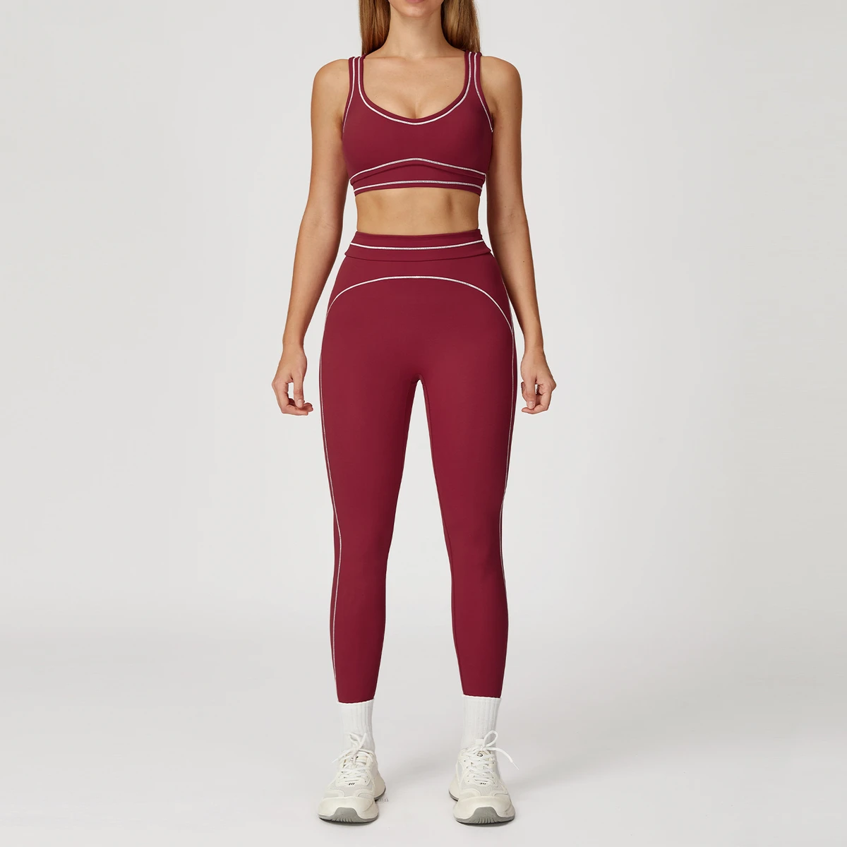 New Arrival Women's Yoga Set Solid Color Block Sports Bra Double Straps Elastic Waist Breathable Sweat-Wicking Four-Way Leggings