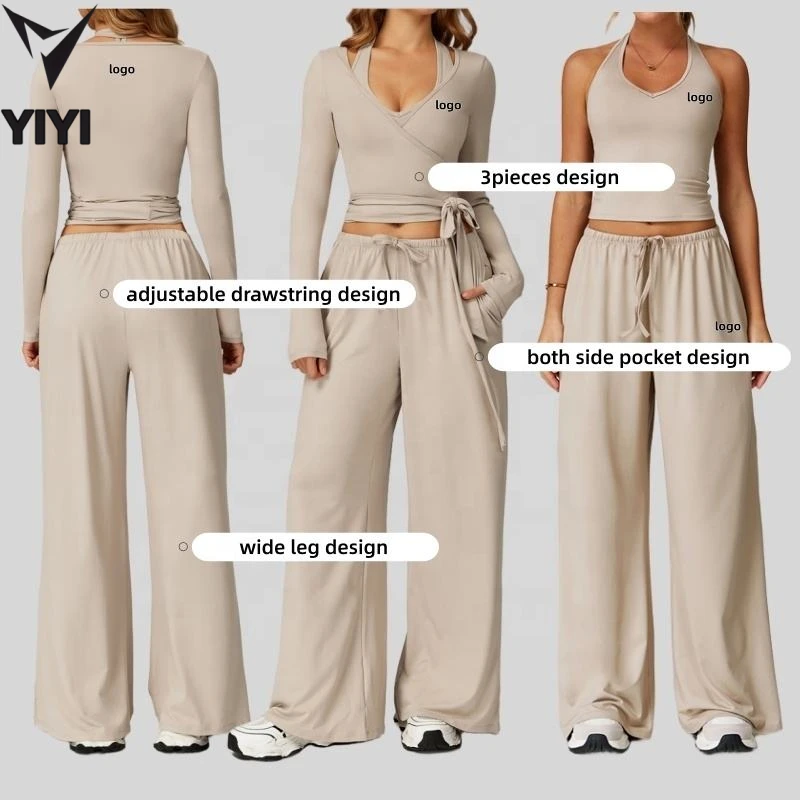 Women Gym Activewear Fitness Wear 3 Piece Yoga Set Halter Vest Sweatpants Wrap Tops Casual Sport Tracksuit Set