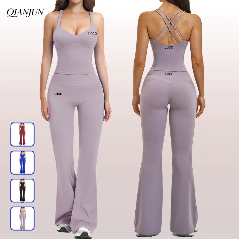 Costom Women's Gym Fitness Yoga Sets Sexy Crisscross Vest Hight Waist Flare Yoga Pants Active Wear Workout Yoga Wear Sets