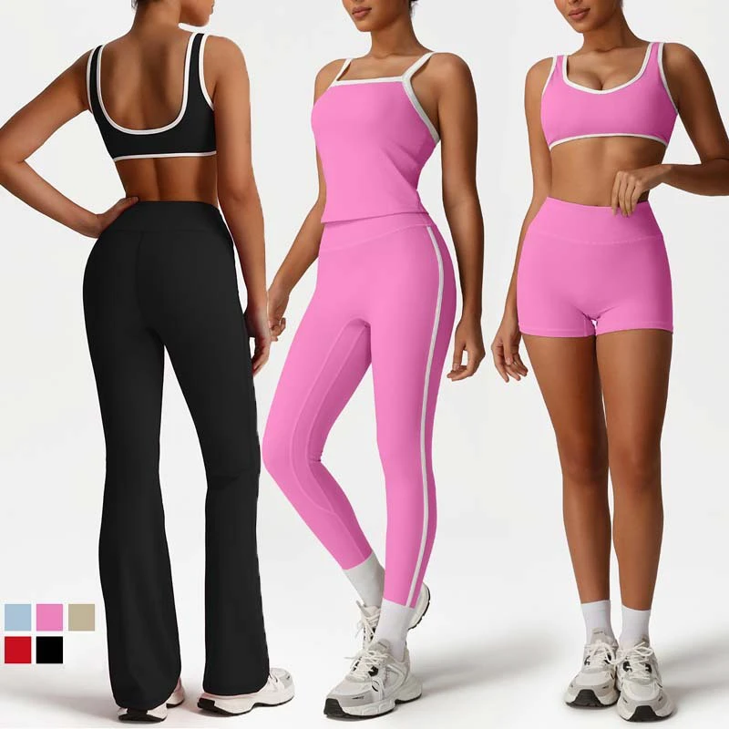Women's Outfits Color Block Sports Bra String Crop Top High Waist Shorts Leggings Active Yoga Workout Set