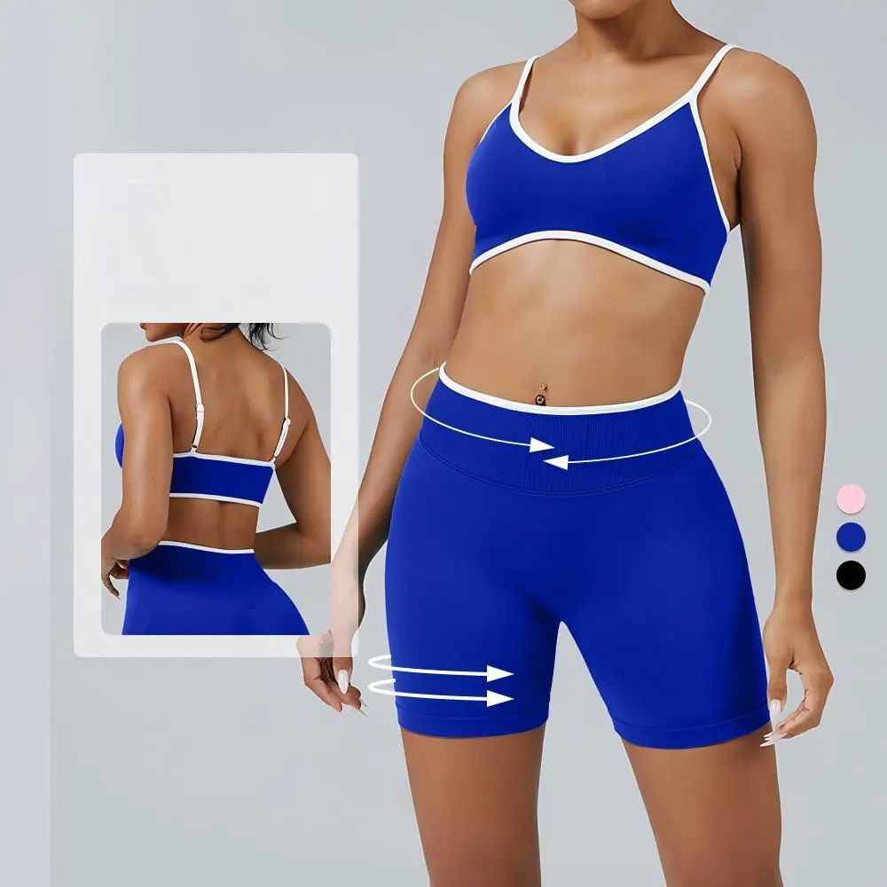 Women's Summer Sportswear Solid Matching-color Backless Bra Shorts 2-Piece Set Breathable Quick Dry High-Waisted Elastic Waist