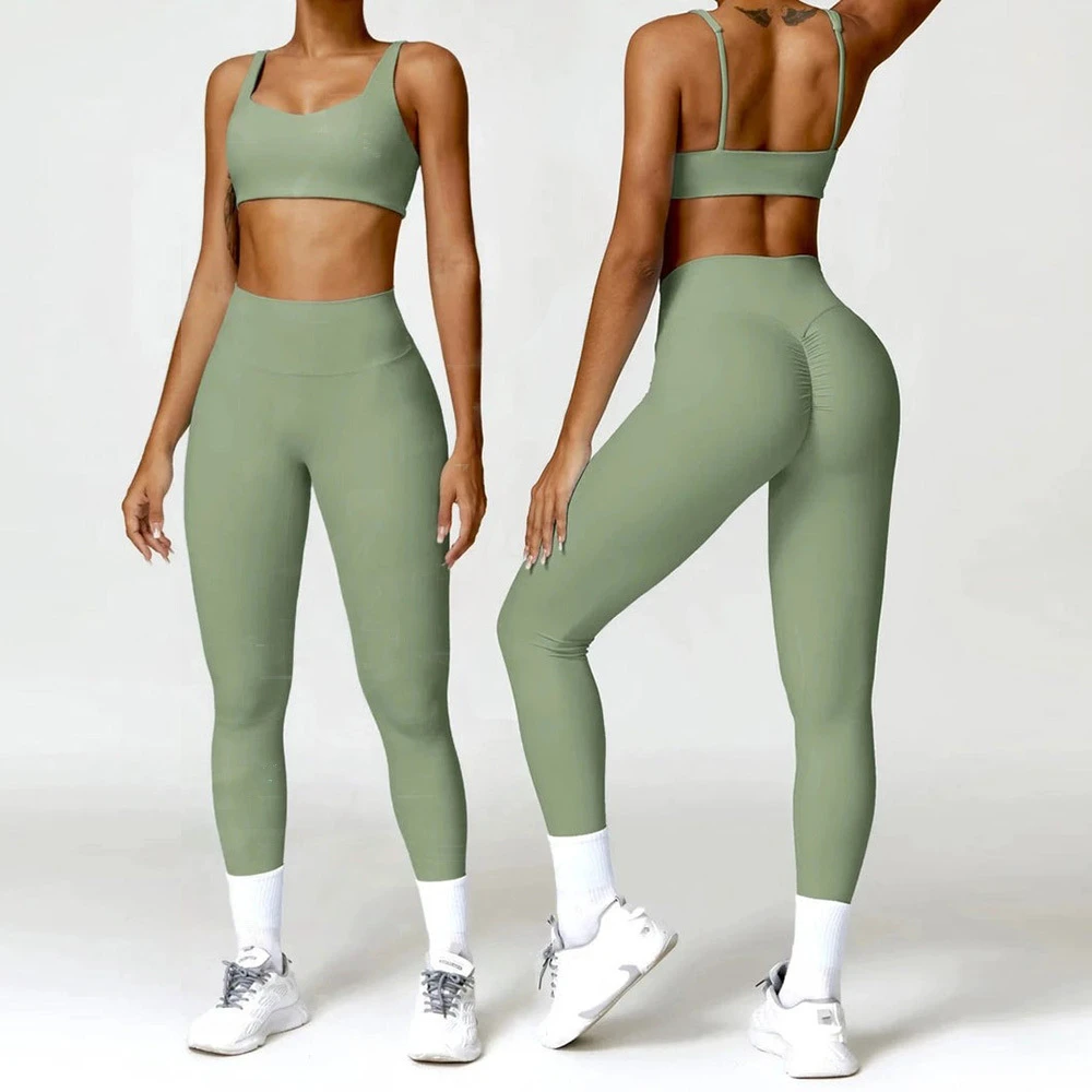 Women's Breathable Seamless 2-Piece Gym Set High Waist Leggings Support Sports Bra Elastic Waist Solid Fitness Yoga Activewear
