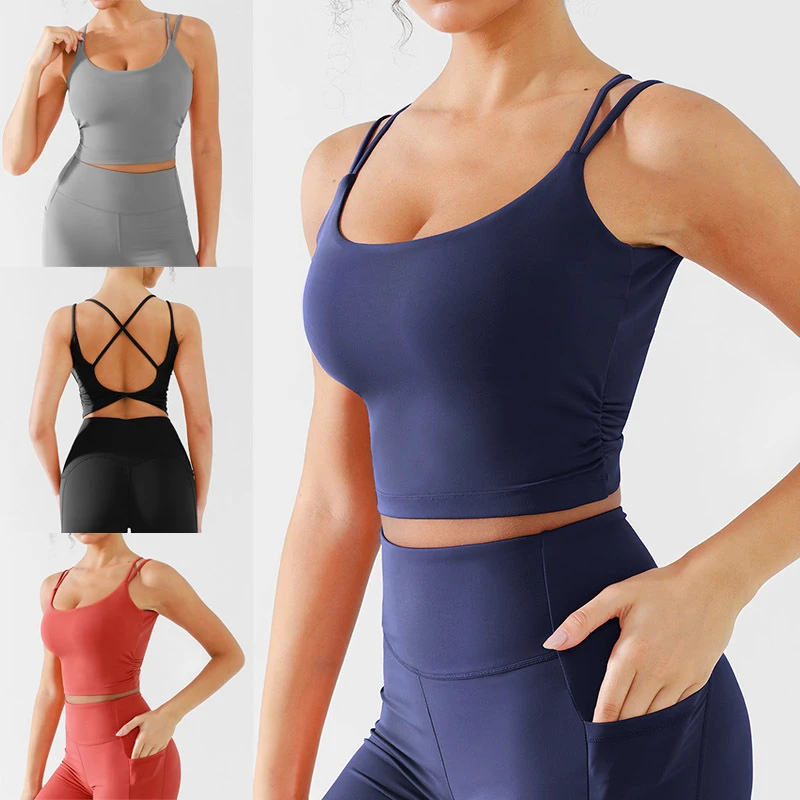 Vractive Breathable Eco-Friendly Cross-Back Twist Strap Sports Bra Removable Cups Medium Support Backless U-NECK Yoga Fitness