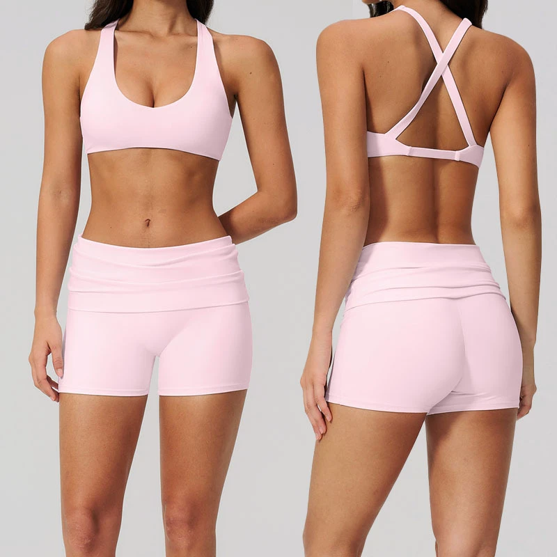 2026 Women's Solid 2-Piece Yoga Set Soft Nylon/Spandex Seamless Breathable Sports Bra High Waist Butt Lift Fitness Shorts