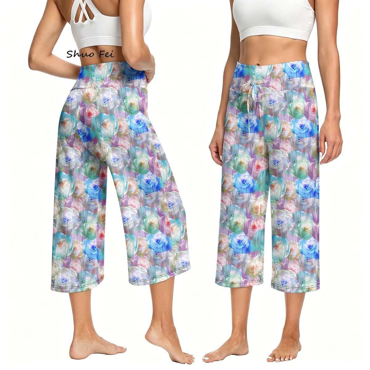 Women Dreamy Colorful Rose Crop Pants Drawstring High Waisted Yoga Capri Trousers Floral Pattern Wide Leg Gym Casual Wear Soft