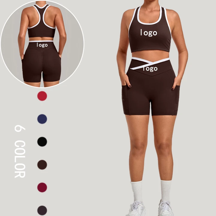 Contrast Color Patched Two Piece Workout Set Racerback Padded Gym Fitness Sets Workout Clothes Side Pocket Woman Yoga Set