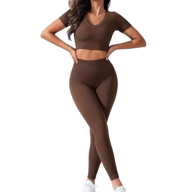Women's Solid Front V-Neck Ribbed High Waist Elastic Waist Slim Fit 2-Piece Active Stretch Workout Short Sleeve & Yoga Pants Set