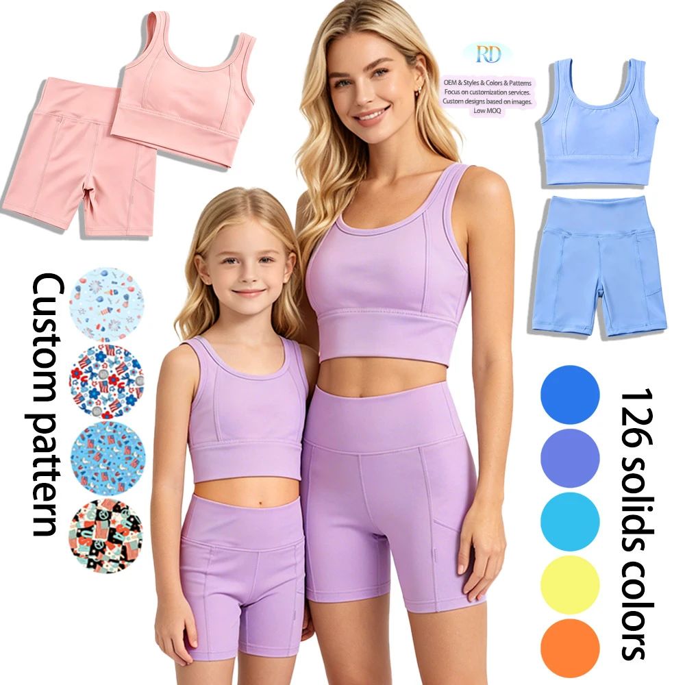 High Elastic Sport Fabric Sleeveless Crop Top Shorts Set Gym Running Sportswear Kids 2 Piece Activewear Outfit Girls Yoga Set