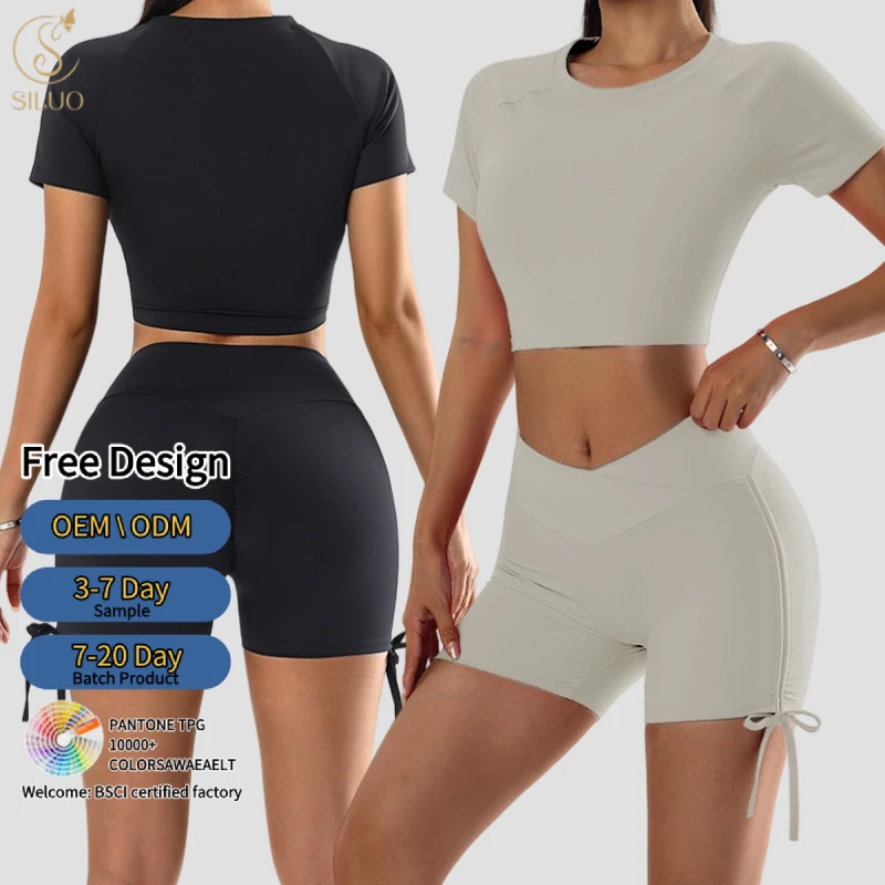 Custom Summer Sexy Slim Yoga Set Crop Top High Waist Drawstring Shorts Shorts Activewear Gym Stretchy 2 Piece Yoga Set for Women