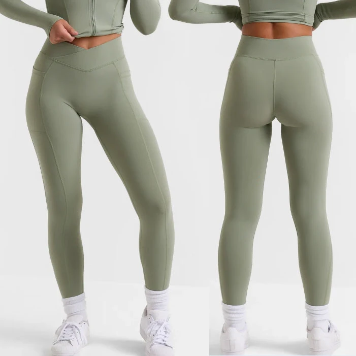Outfit Tights Pants Women's Custom logo High V-shaped Cross Crop Waist Design Fitness Yoga Legging with Pockets for Women