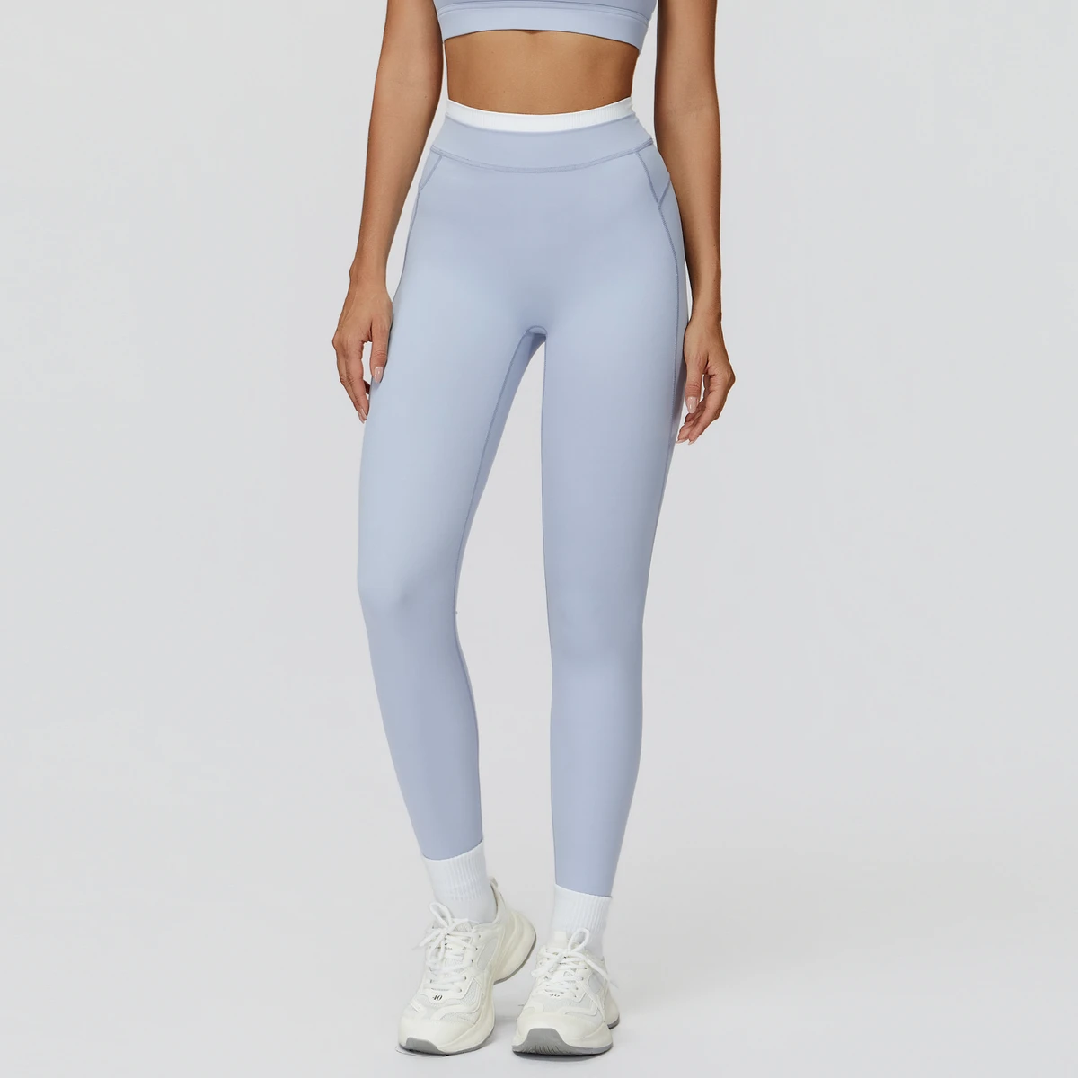 New Customizable Contrast-color High-waist Yoga Leggings with Ribbed Waistband, Long Pants for Sports, Running and Fitness.