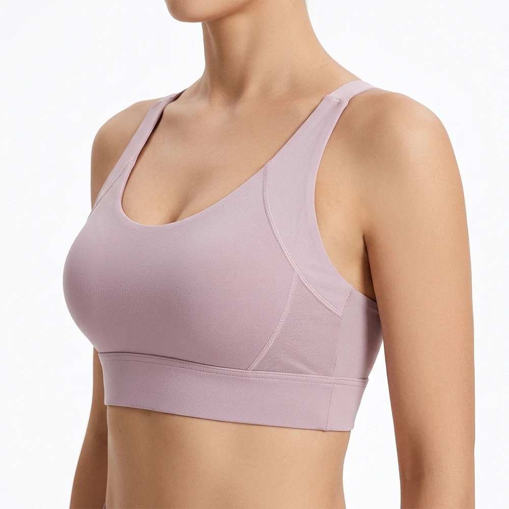 Women Sporty Nude Feel Cross Back Wire Free Sports Bra Custom Logo Padded Yoga Pilates Eco-Friendly Breathable One-piece Workout
