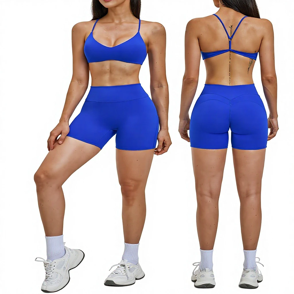 Custom Logo Women 2 Piece Yoga Set Seamless High Waist Yoga Shorts and Padded Bra Set Workout Gym Clothing for Sports & Outdoors