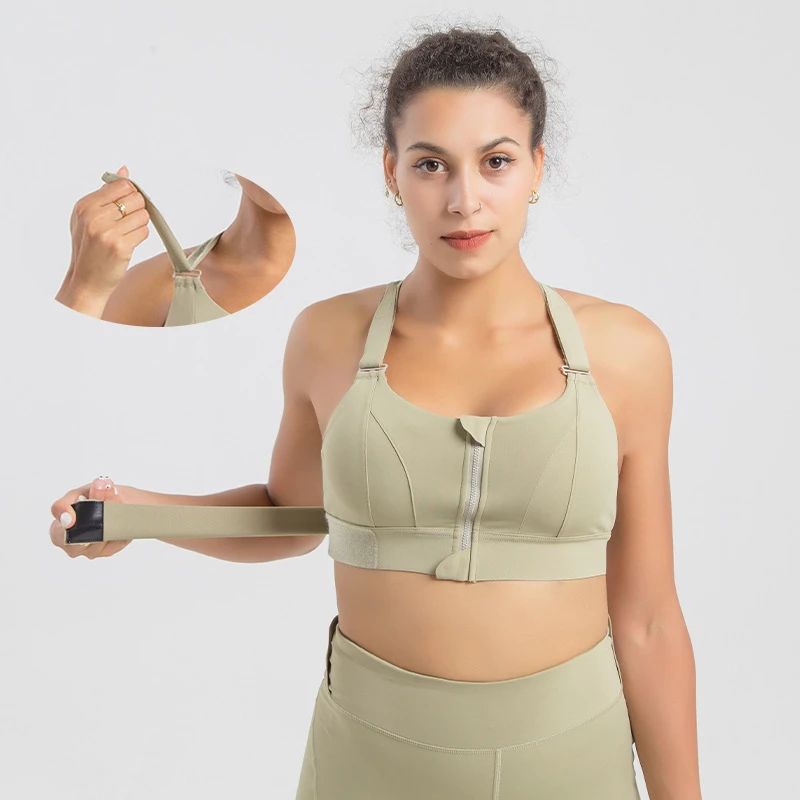 Women Plus Size Magic Adjustable Velcro Straps Fitness Sports Bra High Impact Shockproof Front Zipper Exercise Workout Yoga Bra