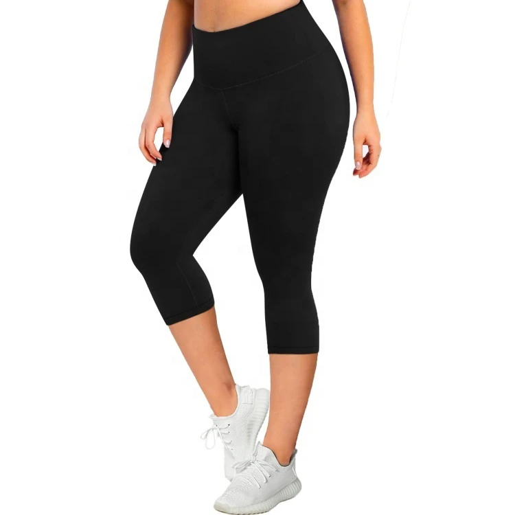Lanyu Customized Plus Size 7/8 High-Waisted Gym Tights Solid Boot Cut Yoga Pants Pockets Butt Lift Capri Leggings for Women