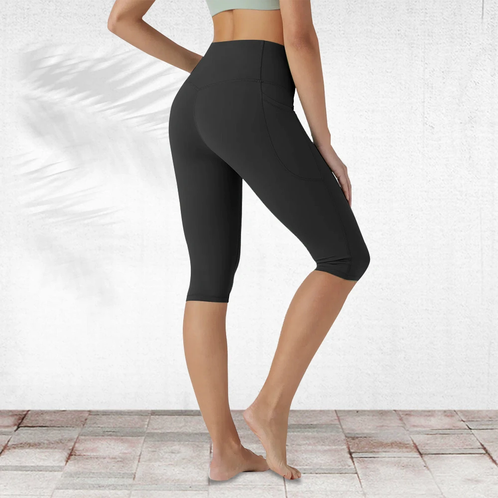 Women's Non See Through Tummy Control Athletic Running Pocket Capri Leggings High Waisted Capris Yoga Pants with Pockets