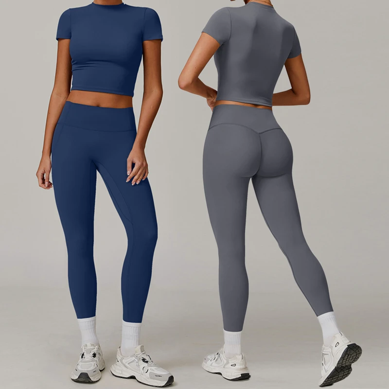 In Stock Two Piece Yoga Set Women Casual High Elastic Sports Suit Female Quick Dry T-Shirt Butt Lifting Leggings Fitness Sets
