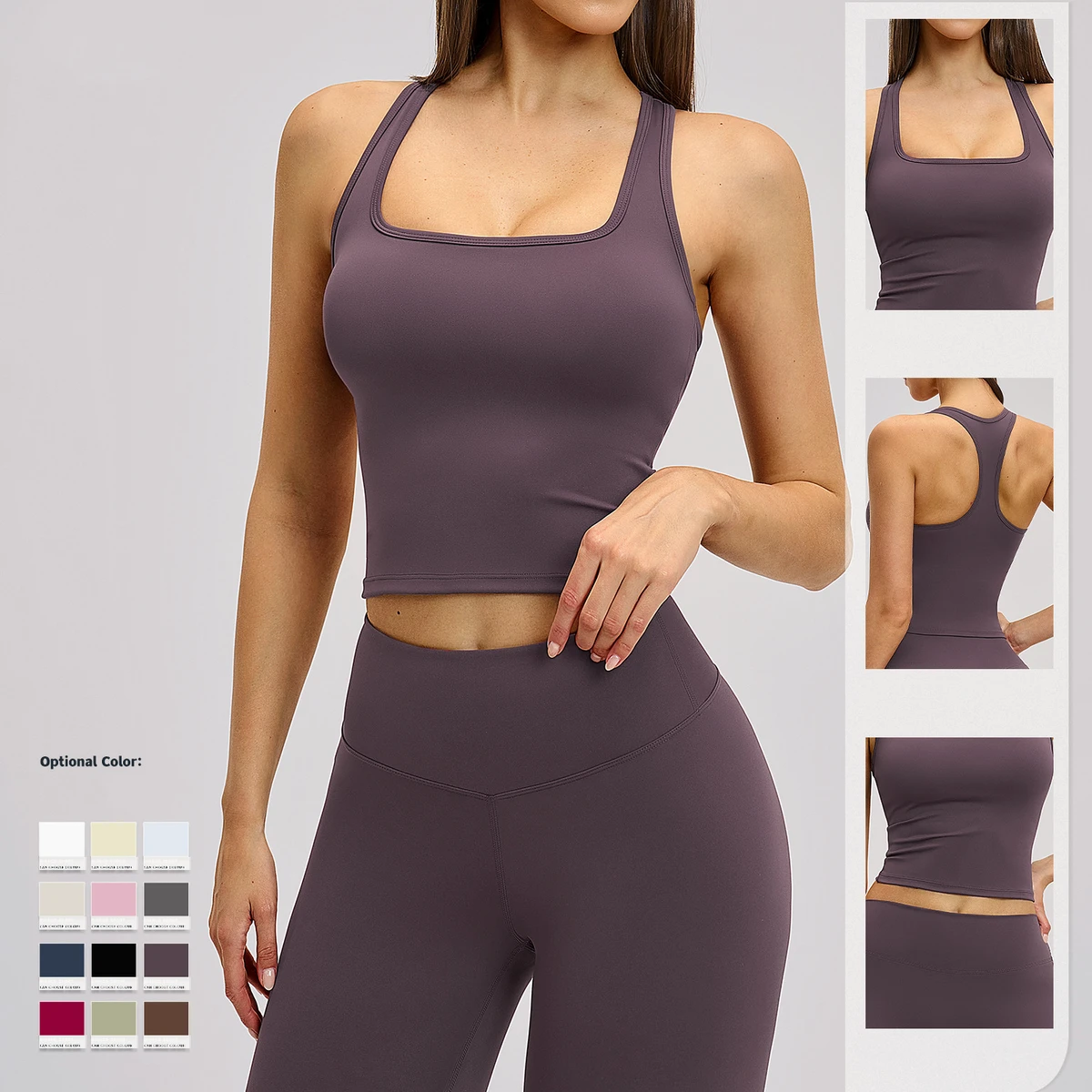 Square Neck Racer Back Tank Bra Solid Breathable Lightweight Four-Way Stretch Quick Dry Yoga Gym Fitness Workout Women Summer