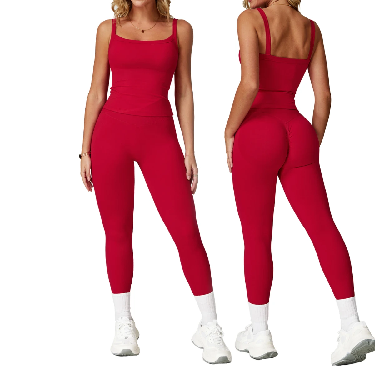 Women's Lightweight High Waist Yoga Pants and Square Neck Tank Top Breathable Solid for Outdoor Exercise