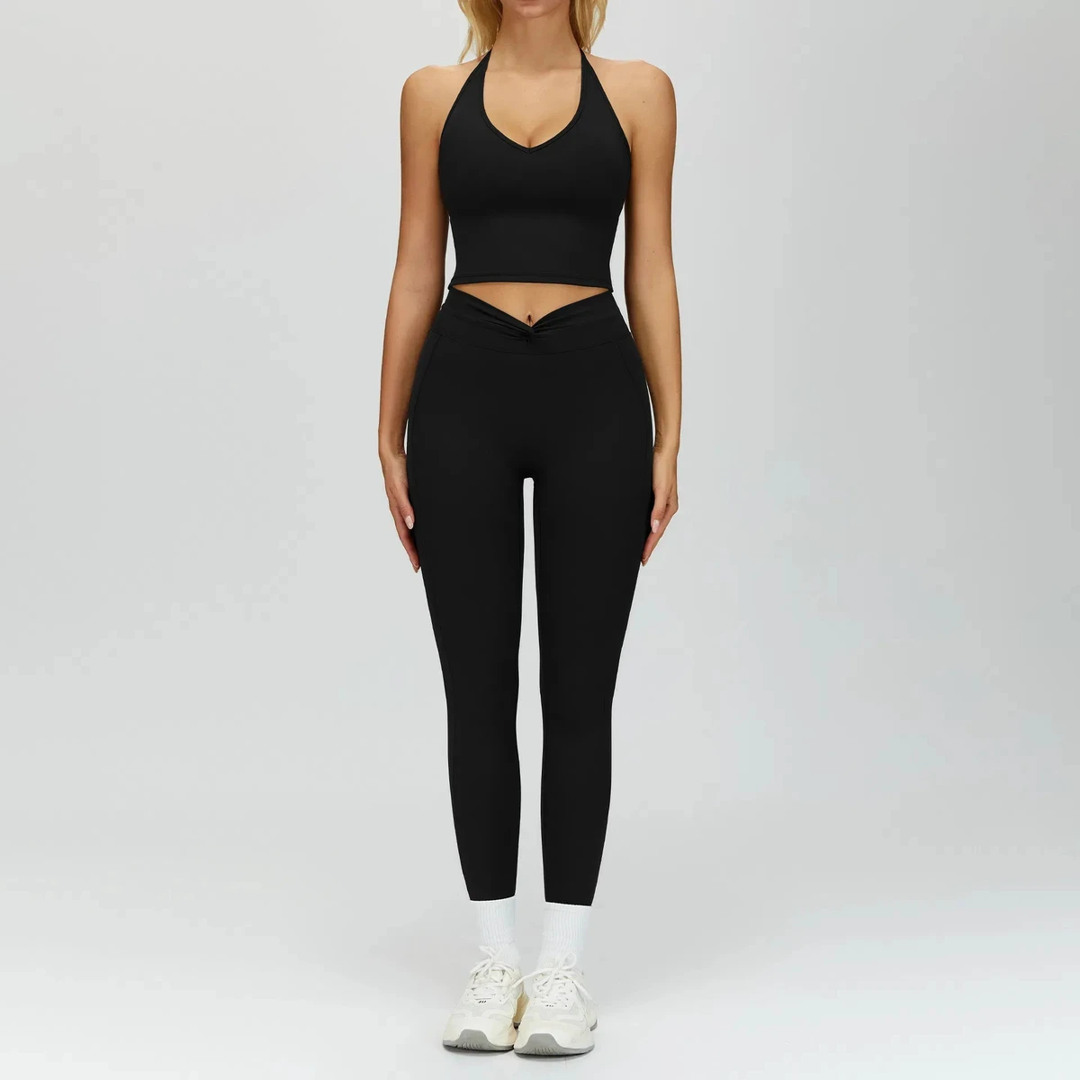 Women's High-Waist Scrunch Butt Sports Set Quick-Dry Seamless Yoga Gym Outfit Hollow Back Contrast Color Fitness Tracksuit