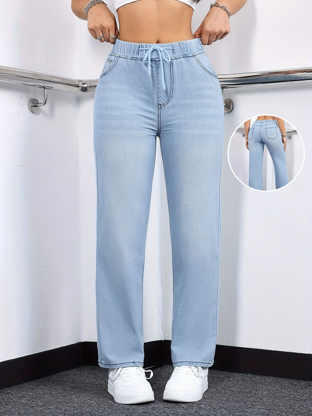 Drawstring Elastic Waistband Mid-Waist Casual Style Jeans for Women Stretch Fabric Straight-Leg Pants