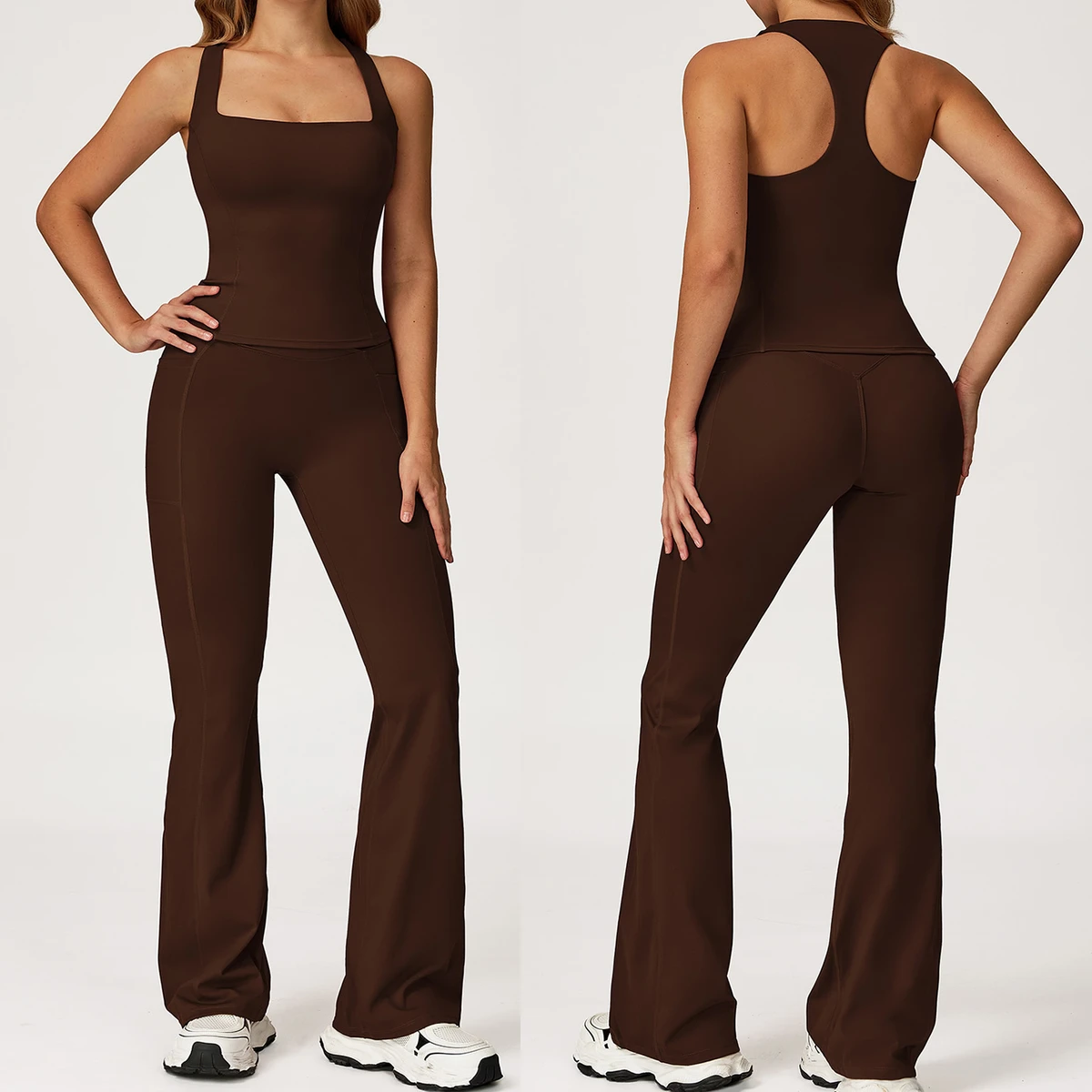 Women's Breathable Gym Fitness 2-Piece Active Workout Set Square Neck Yoga Top & High Waist Flare Leggings