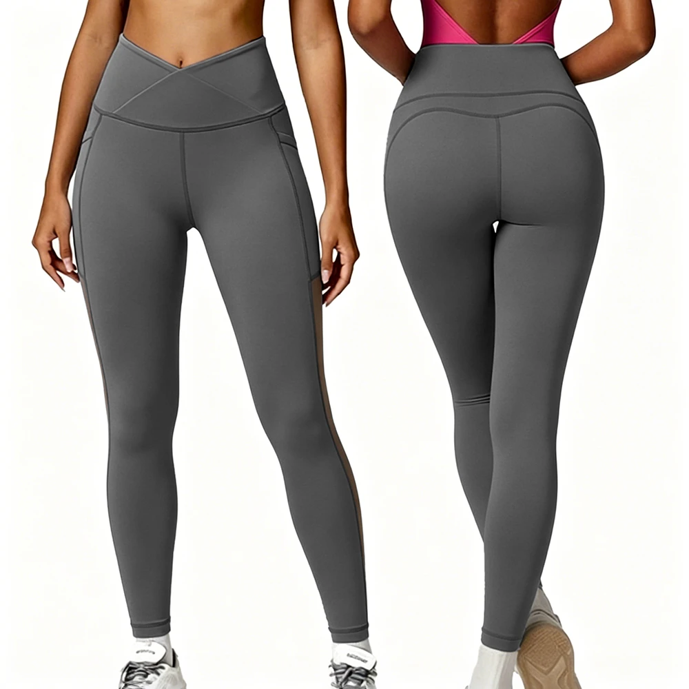 High Waisted Yoga Pants with Side Mesh Panels & Pockets, Moisture Wicking Workout Leggings for Women