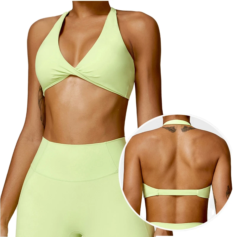 Roregal Breathable Quick Dry Medium Support Nylon Spandex Yoga U-NECK Twisted Neck Hanging Back Bra Tight Fitting Outdoor Sports
