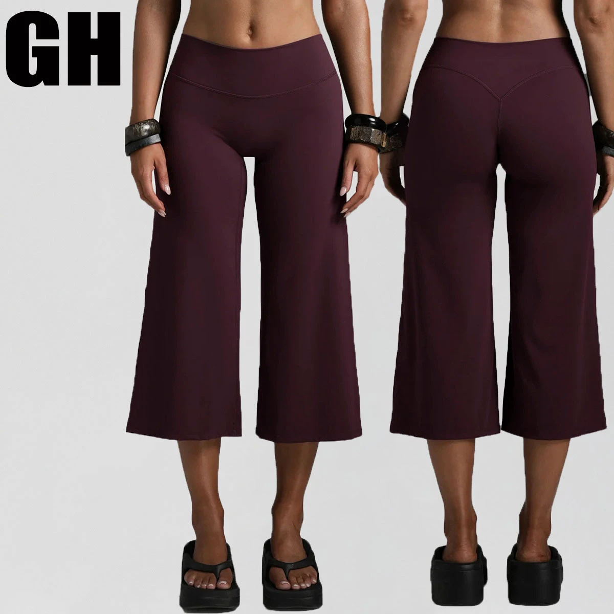 GH Women Workout Outfits Leisure Bottom High Elastic 75 Nylon 25 Spandex Cropped Pants Loose Yoga Gym Sports Wide Capri Leggings