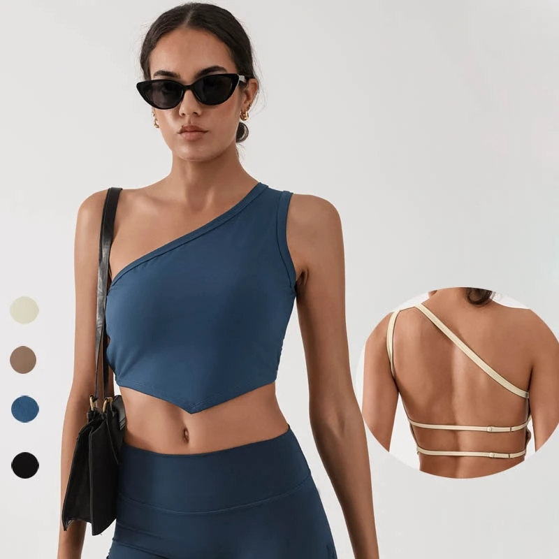 SHINBENE One Shoulder Sports Bras One Strap Padded Asymmetrical Bra Light Support Workout Yoga Bra