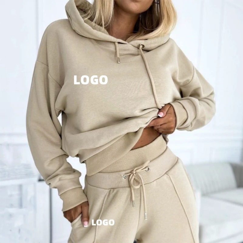 Wholesale Cropped Hoodie and Jogger Set Woman Workout Crop Top Hoodie Plain Crop Sweater for Ladies