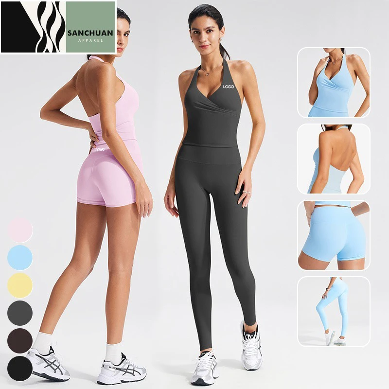 Halter V-Neck Backless Sports Top High Waist Fitness Leggings 2 Piece Yoga Set for Women Private Label