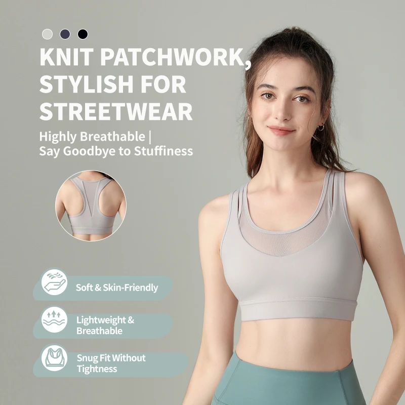 Hot Sports Bra for Women Custom Logo Breathable U Neck Fitness Bra with Net Patchwork Plus Size Yoga Bra with Sham
