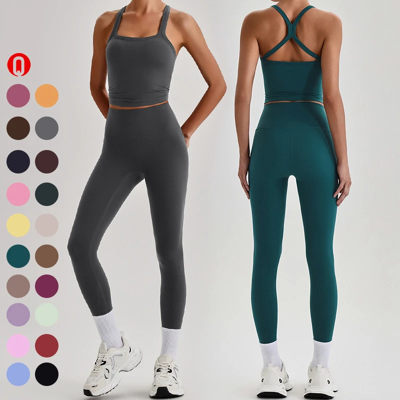 Women's Running Workout Sports Suit Breathable Sleeveless Yoga Tank Top High Waist Gym Leggings Set For Women High Quality