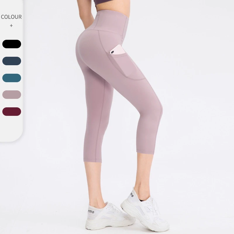 Women's High Elastic Yoga Pants Double-Sided Nude Cropped Flap Pocket XS Spandex/Nylon Butt-Lifting Fitness Running Model 02338