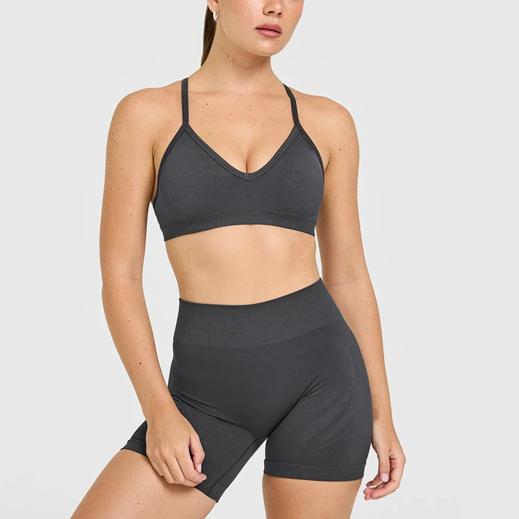 Wholesale OEM Women Solid V-Neck Adjustable Cross-Back Straps Sport Bras Summer Stretchy Removable Cups Workout Yoga Vest