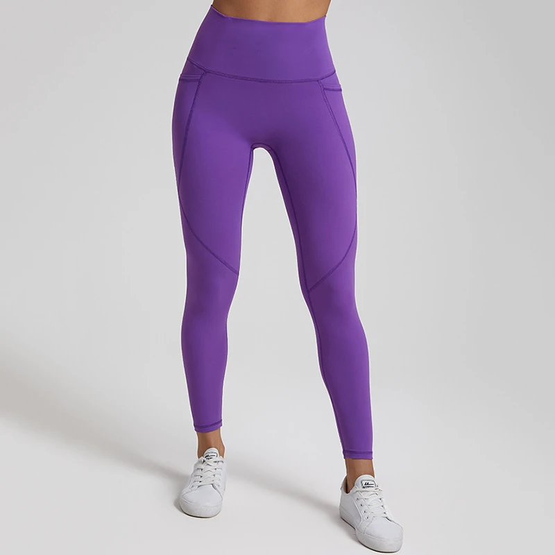 Solid Color Women Compression Side Pocket Gym High Waist Sport Pant Jog Back Waist Zip Pocke Yoga Legging
