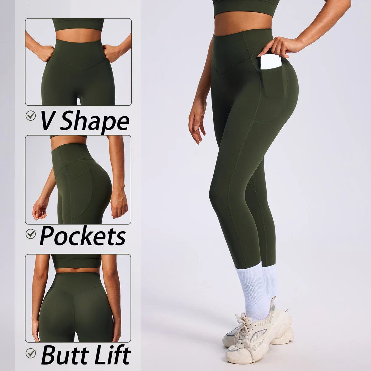 Women's V Back High Waist Butt Lift Leggings with Side Pockets Tummy Control Full Length Workout Yoga Pants Custom Activewear