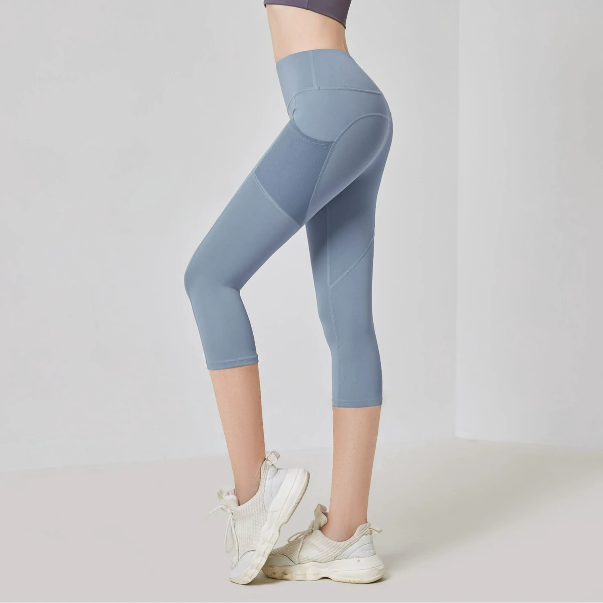 Women's High-Waisted Elastic Waist Cropped Yoga Pants Side Pocket Four-Way Stretch Fitness Sports Leggings Solid Pattern