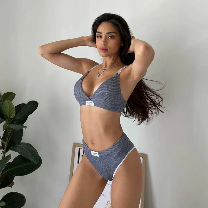 Custom Sexy Teen Sports Bra Crop Top Letter Print Brown Knitted Unlined Wireless Fitness Thin Bra and Panties Set Lingeries