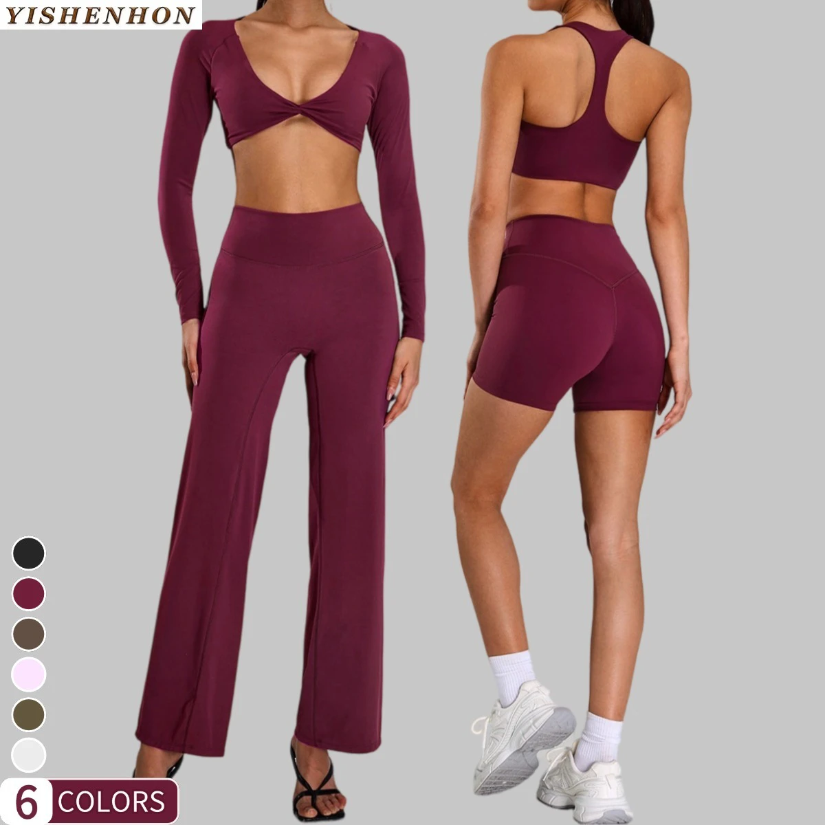 YISHENHON High-Intensity Five-Piece Set Slim High Waist Outdoor Running Fitness Wear Elastic Waist Yoga Clothing for Active