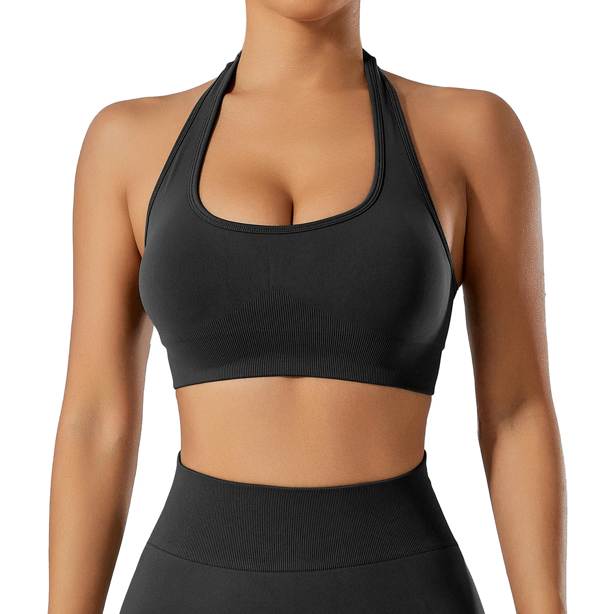 In-stock Women's High Support Shockproof Wrinkle-Resistant U-neck Halter Neck Spandex/Nylon Solid Sports Bra for Running Outdoor