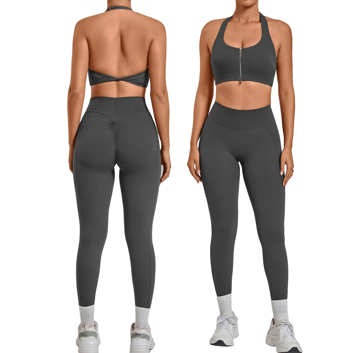 Seamless High-Waist Butt-Lifting Breathable Solid Yoga Set 2-Piece Backless Sportswear for Women Outdoor Running